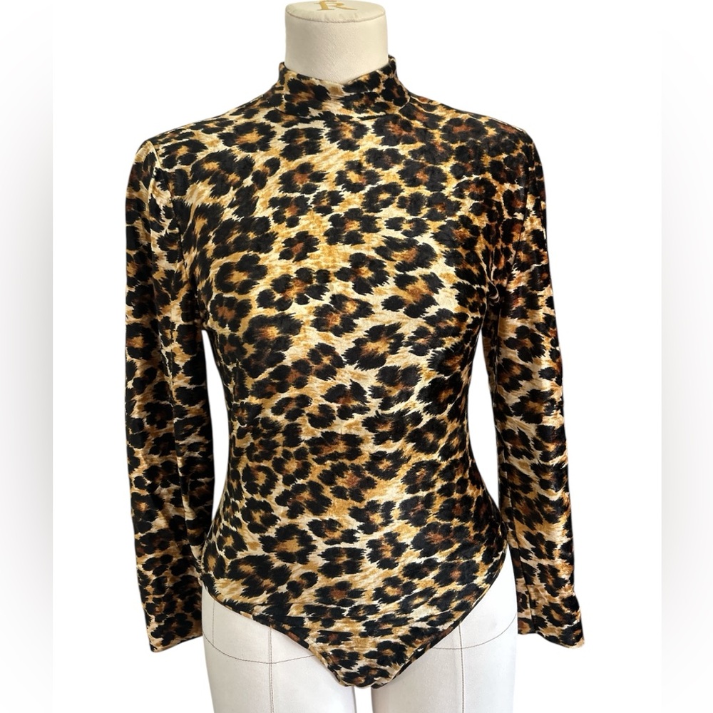 80’s Rare Patrick Kelly velvet leopard long sleeve bodysuit tan black Small